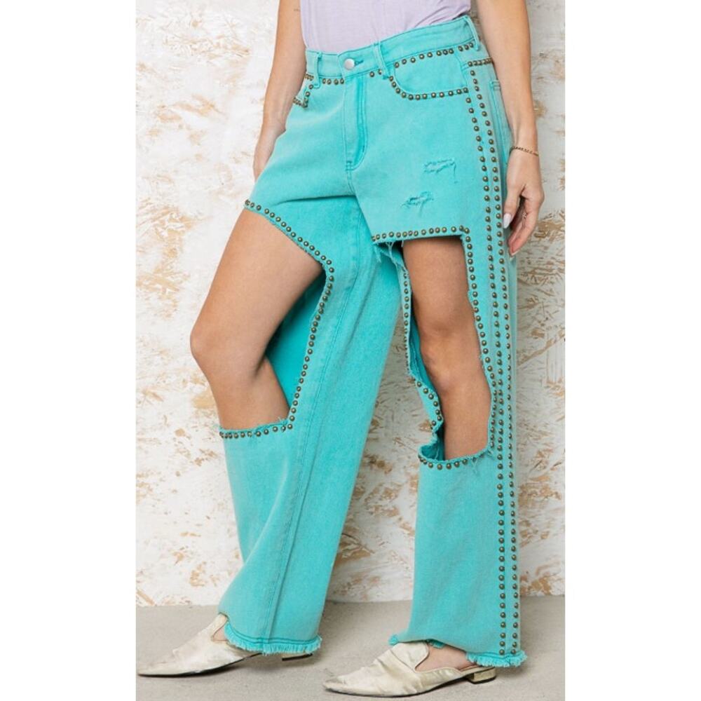 New POL  jeans with raw edges and studs-Runs Small